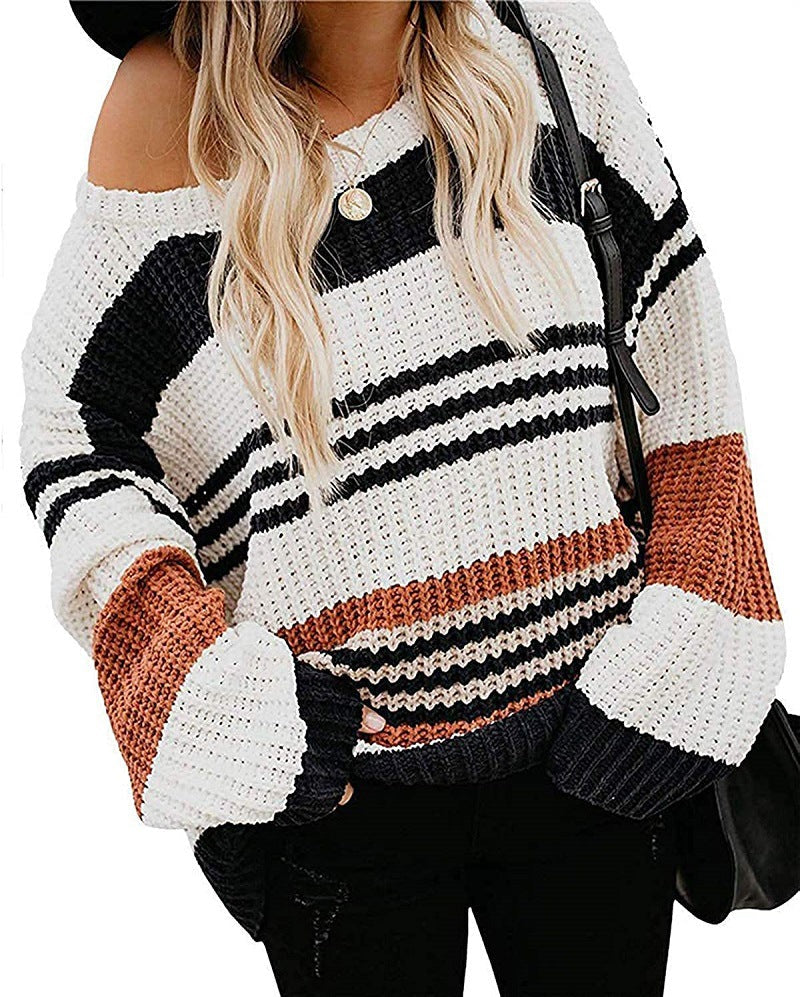 Women's Oversized Knit Sweater Block Stripes & Waffle Texture 7