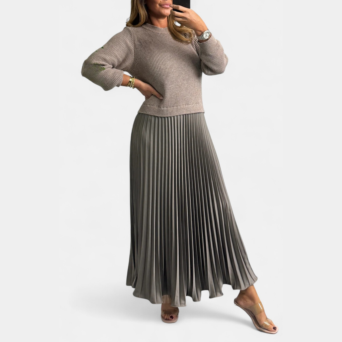 Women's Pleated Knit Maxi Dress — Long Sleeve Ribbed 3