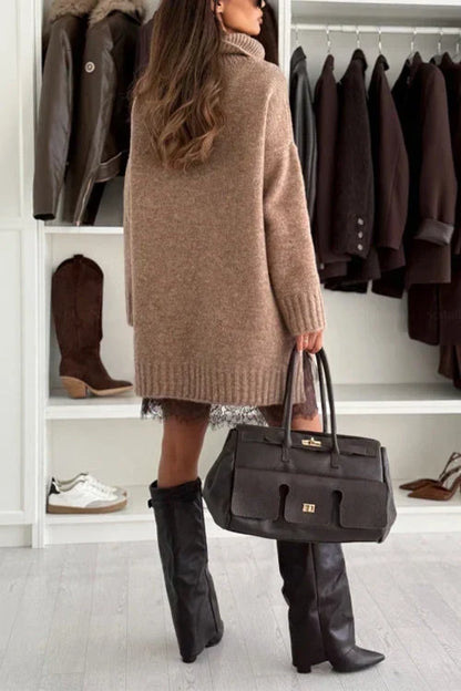 Women's Oversized Turtleneck Knit Dress with Lace Hem 10
