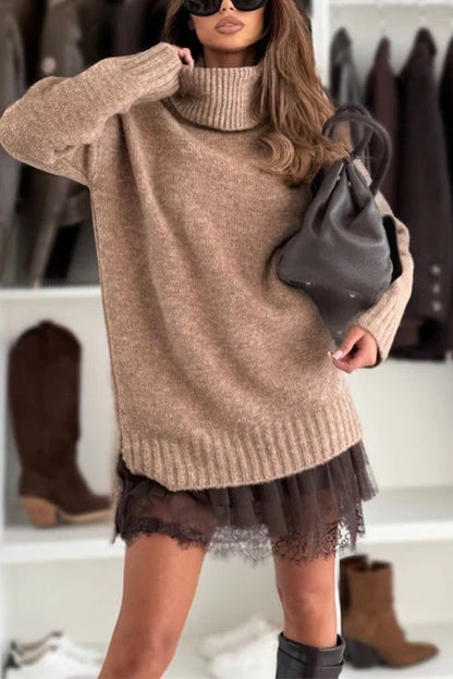 Women's Oversized Turtleneck Knit Dress with Lace Hem 11
