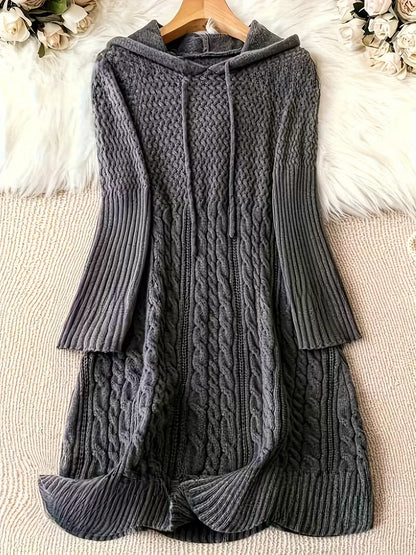 Women's Chunky Knit Hoodie Dress — Cable Knit Pattern 1