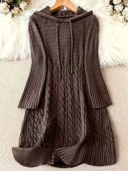Women's Chunky Knit Hoodie Dress — Cable Knit Pattern 3
