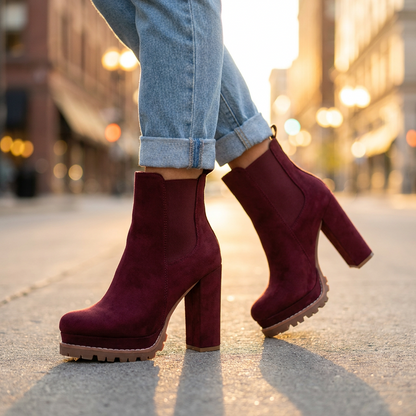 Women's Block Heel Ankle Boots — Faux Suede Lugged Platform 1
