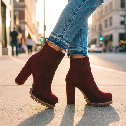 Women's Block Heel Ankle Boots — Faux Suede Lugged Platform 6