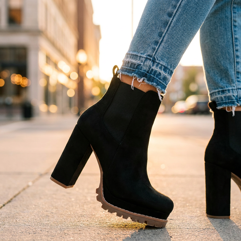 Women's Block Heel Ankle Boots — Faux Suede Lugged Platform 7