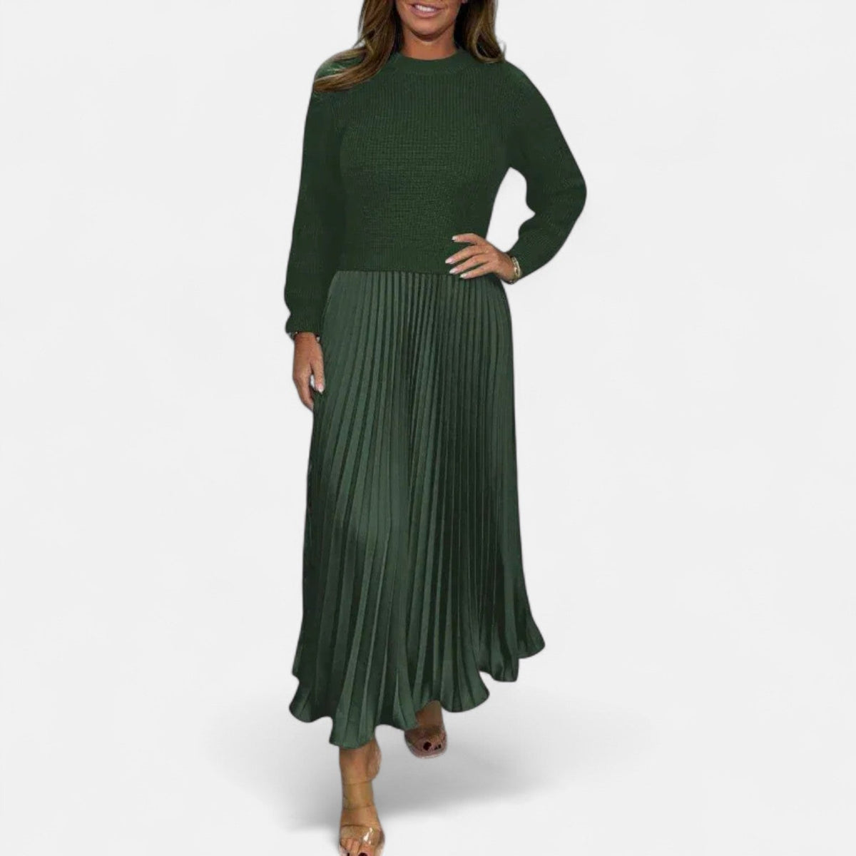 Women's Pleated Knit Maxi Dress — Long Sleeve Ribbed 7