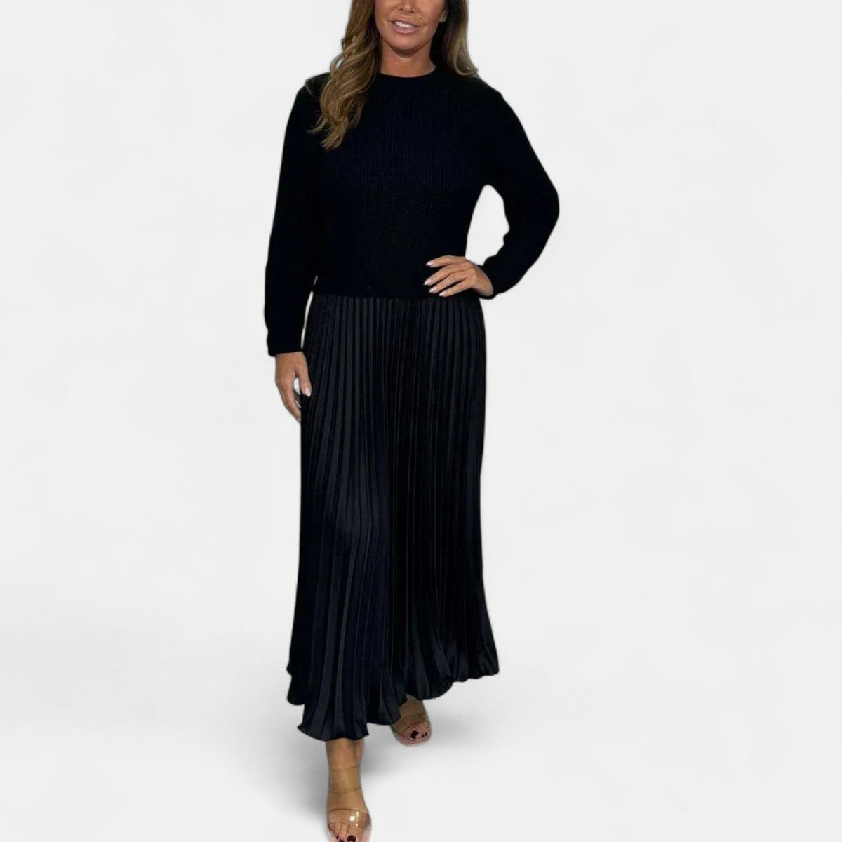 Women's Pleated Knit Maxi Dress — Long Sleeve Ribbed 5