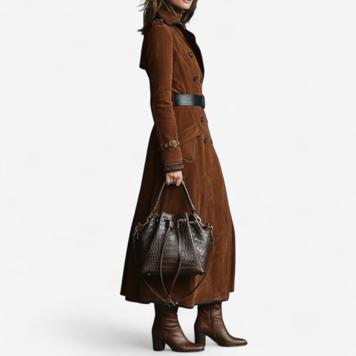 Long Women's Suede Trench Coat — Double-Breasted Elegant Fit 4