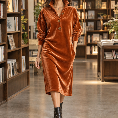Velvet Midi Shirt Dress — Relaxed Fit Button Placket Women 3