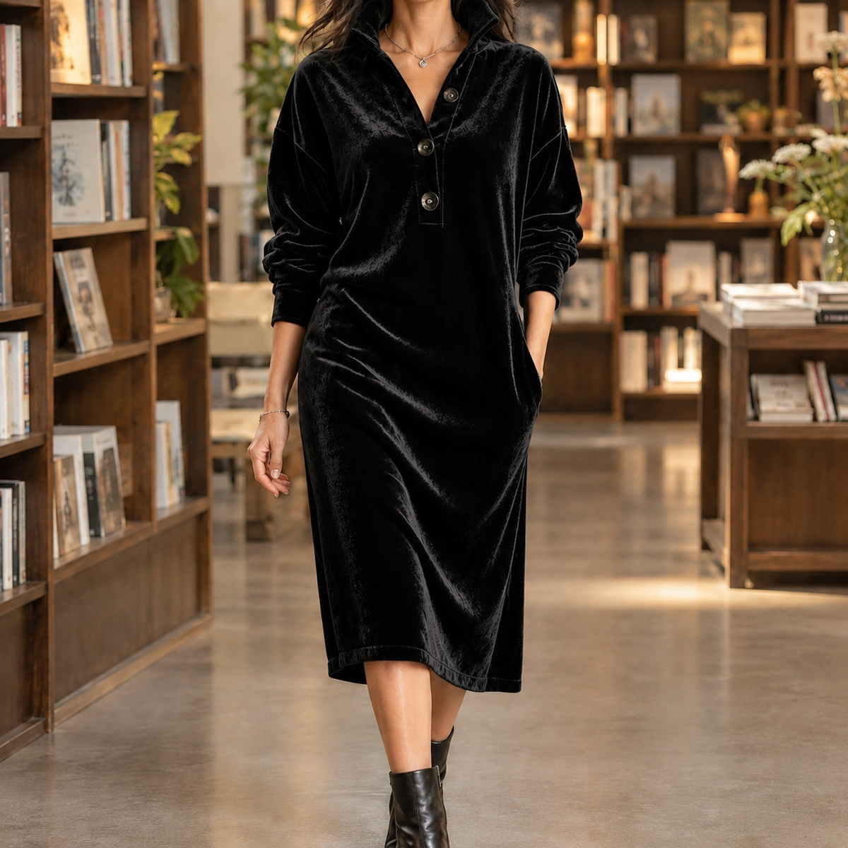 Velvet Midi Shirt Dress — Relaxed Fit Button Placket Women 5