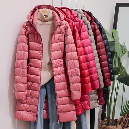 Lange Steppjacke Damen — Leicht mit Kapuze 1