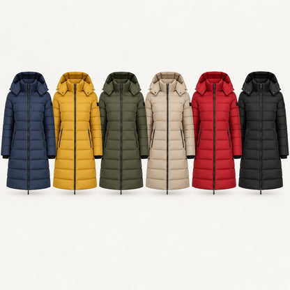 Langer Damen-Steppmantel mit Kapuze — alle sechs Farben: Marineblau, Gelb, Grün, Beige, Rot und Schwarz