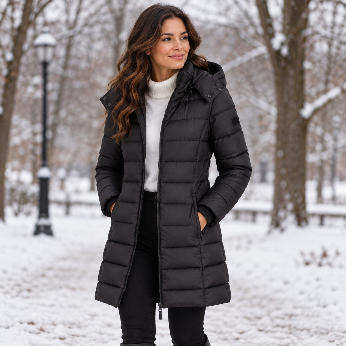 Langer Damen-Steppmantel mit Kapuze in Schwarz — im verschneiten Park