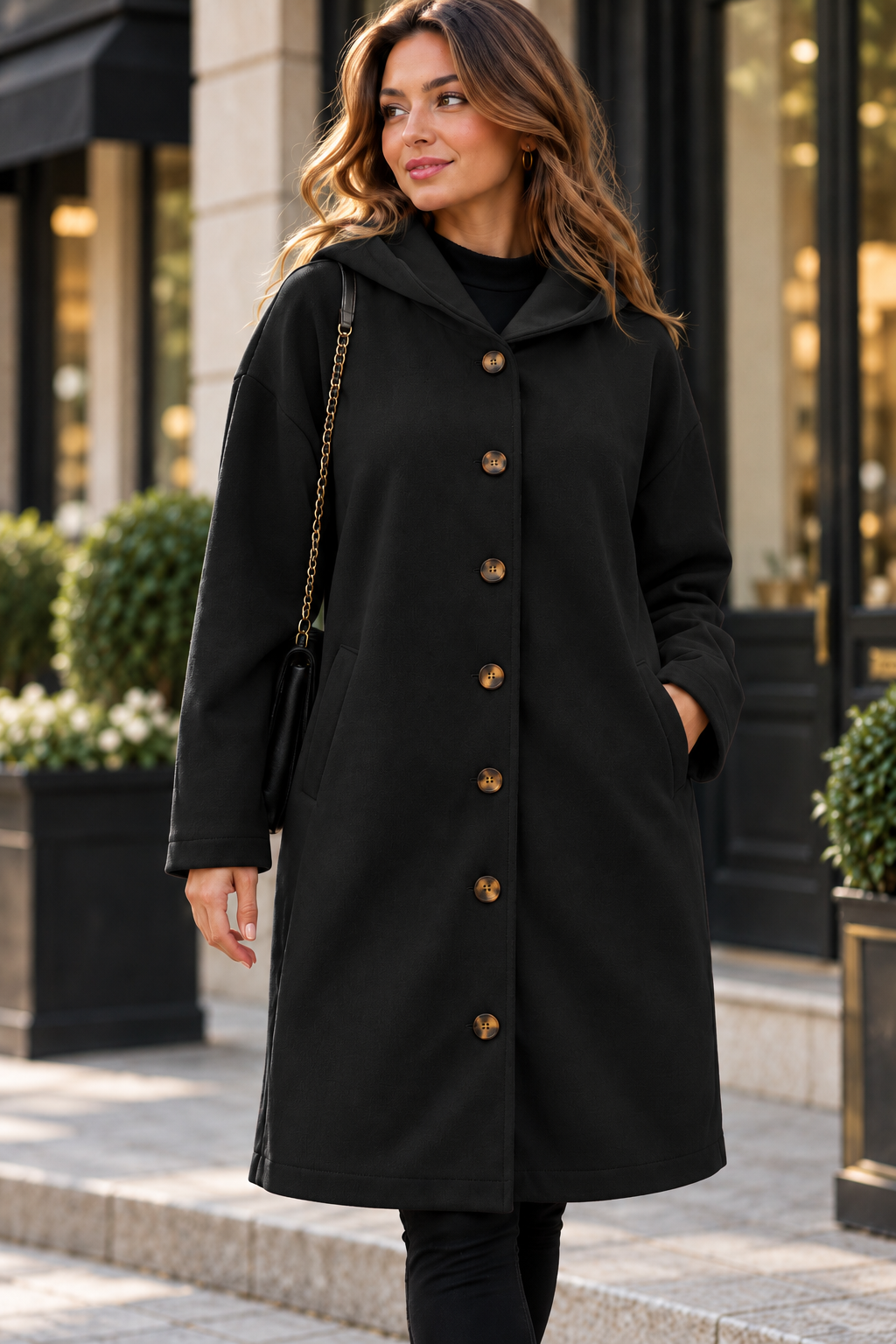 Langer Mantel Damen mit Kapuze & Knopfleiste 2