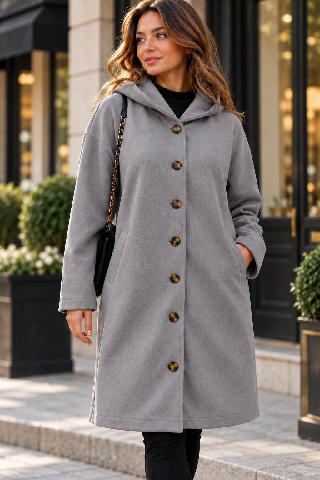 Langer Mantel Damen mit Kapuze & Knopfleiste 4