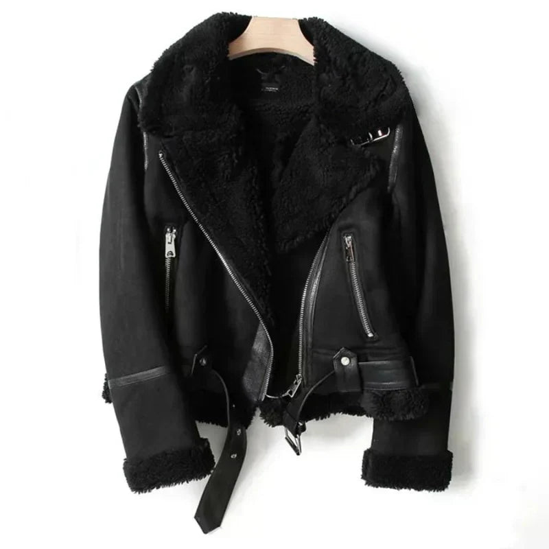 Women's Sherpa-Lined Leather Jacket – Warm Biker Style 1