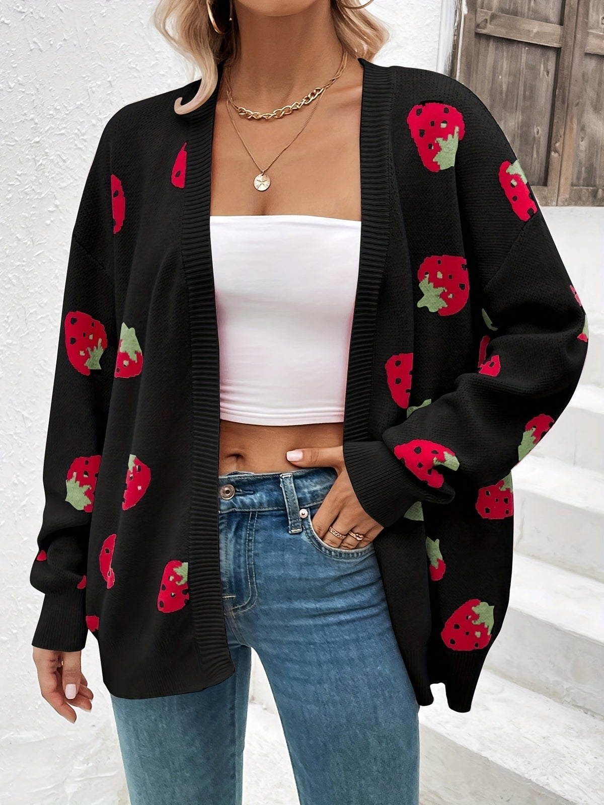 Women's Strawberry Knit Cardigan — Oversized Button Front 2