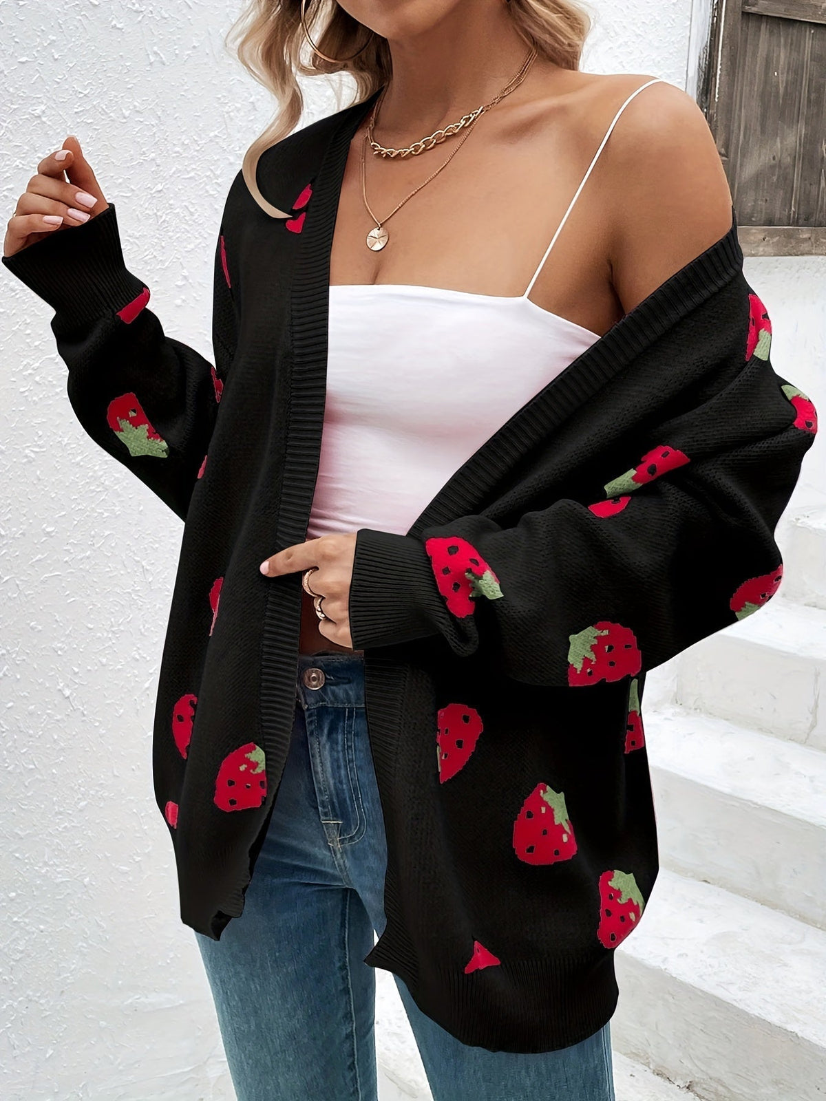 Women's Strawberry Knit Cardigan — Oversized Button Front 8