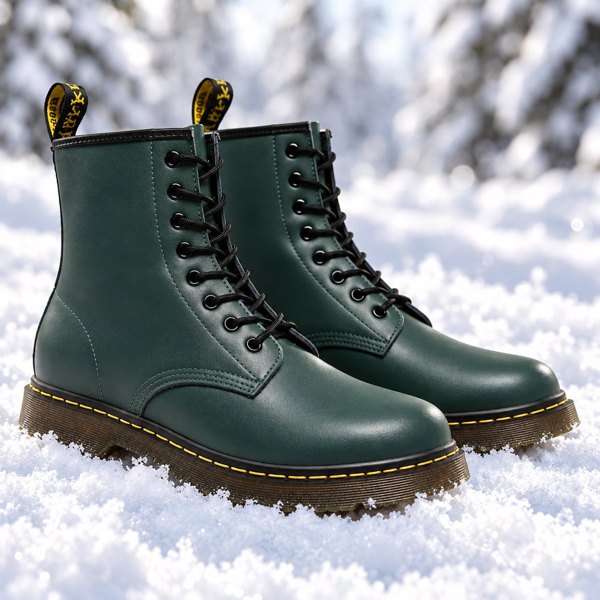 Grüne Schnürboots aus Echtleder im Schnee