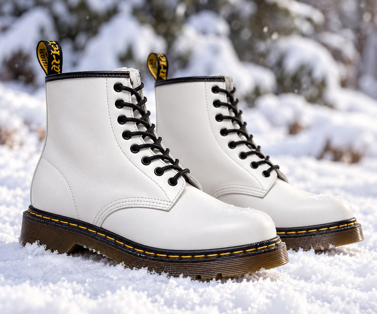 Weiße Schnürboots aus Echtleder im Schnee
