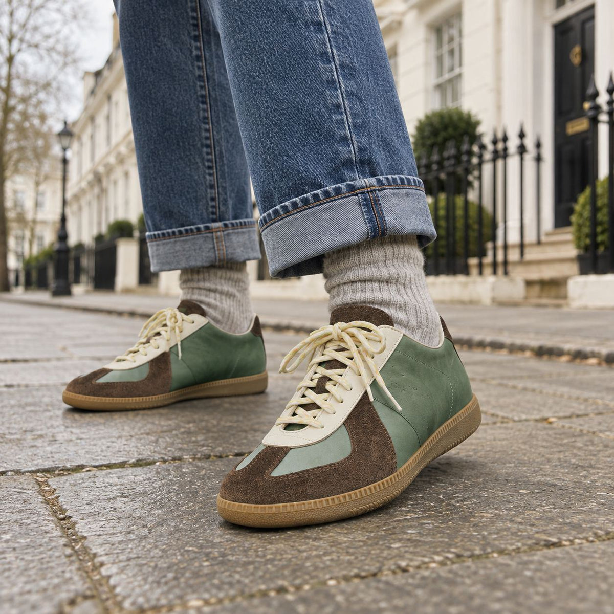 Retro Sneakers Damen mit verstecktem Absatz & mattem Finish in Olivgrün