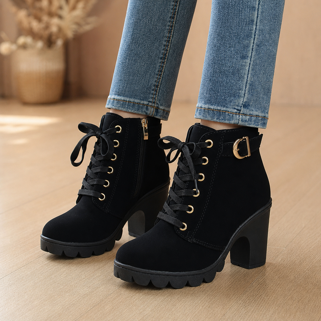 Women's Block Heel Ankle Boots — Lace-Up with Side Zip 1