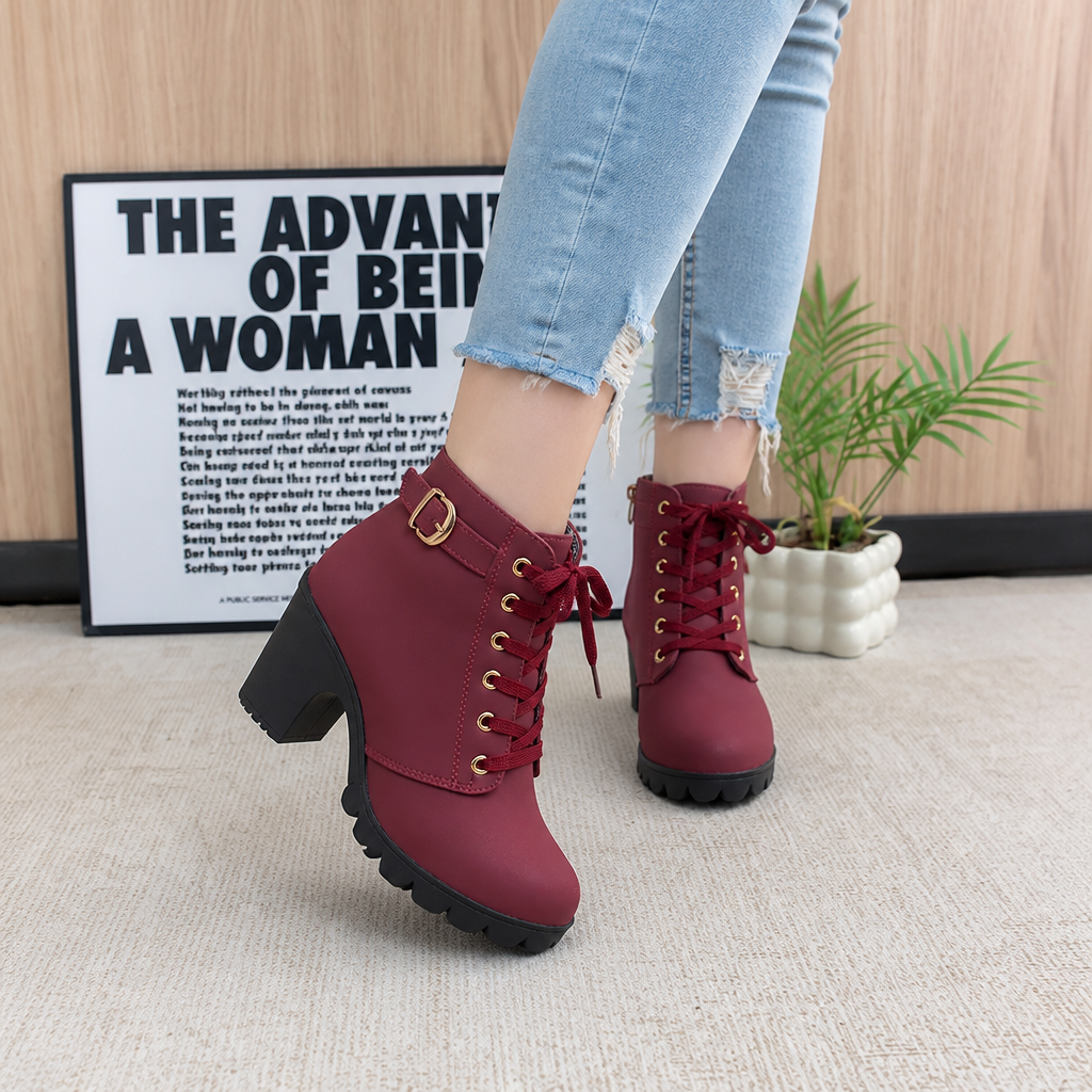 Women's Block Heel Ankle Boots — Lace-Up with Side Zip 12