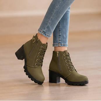 Women's Block Heel Ankle Boots — Lace-Up with Side Zip 13