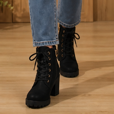 Women's Block Heel Ankle Boots — Lace-Up with Side Zip 14
