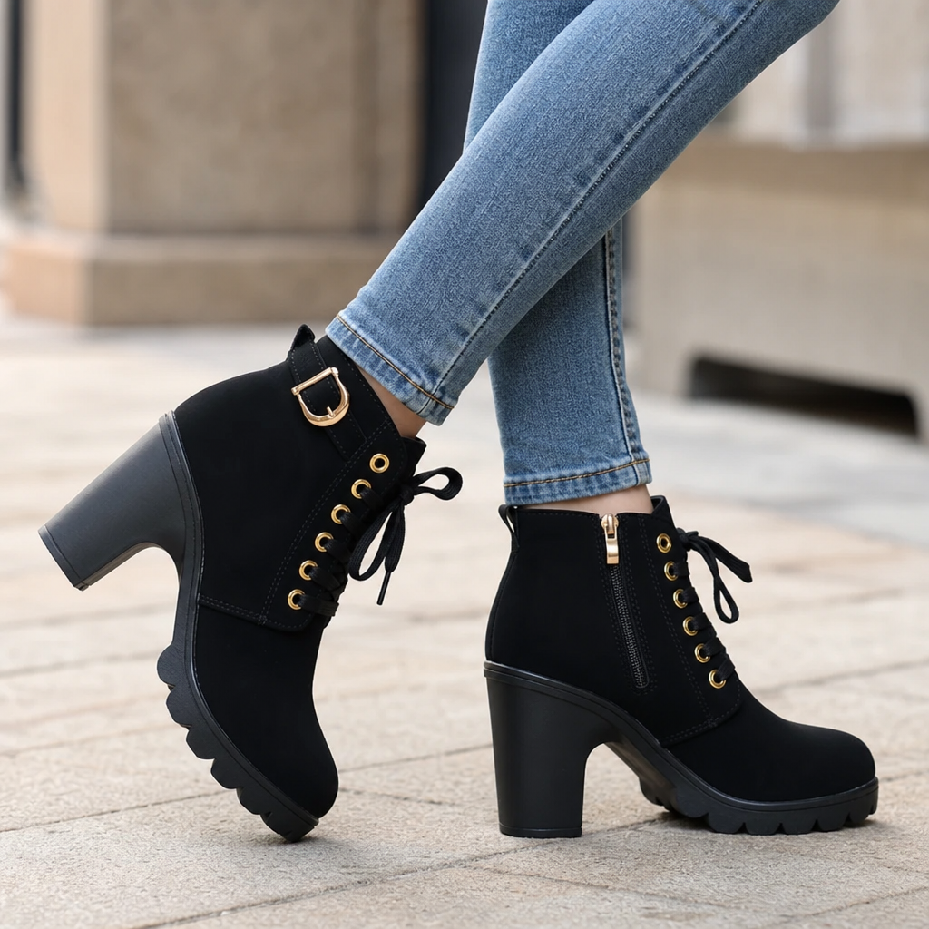 Women's Block Heel Ankle Boots — Lace-Up with Side Zip 2