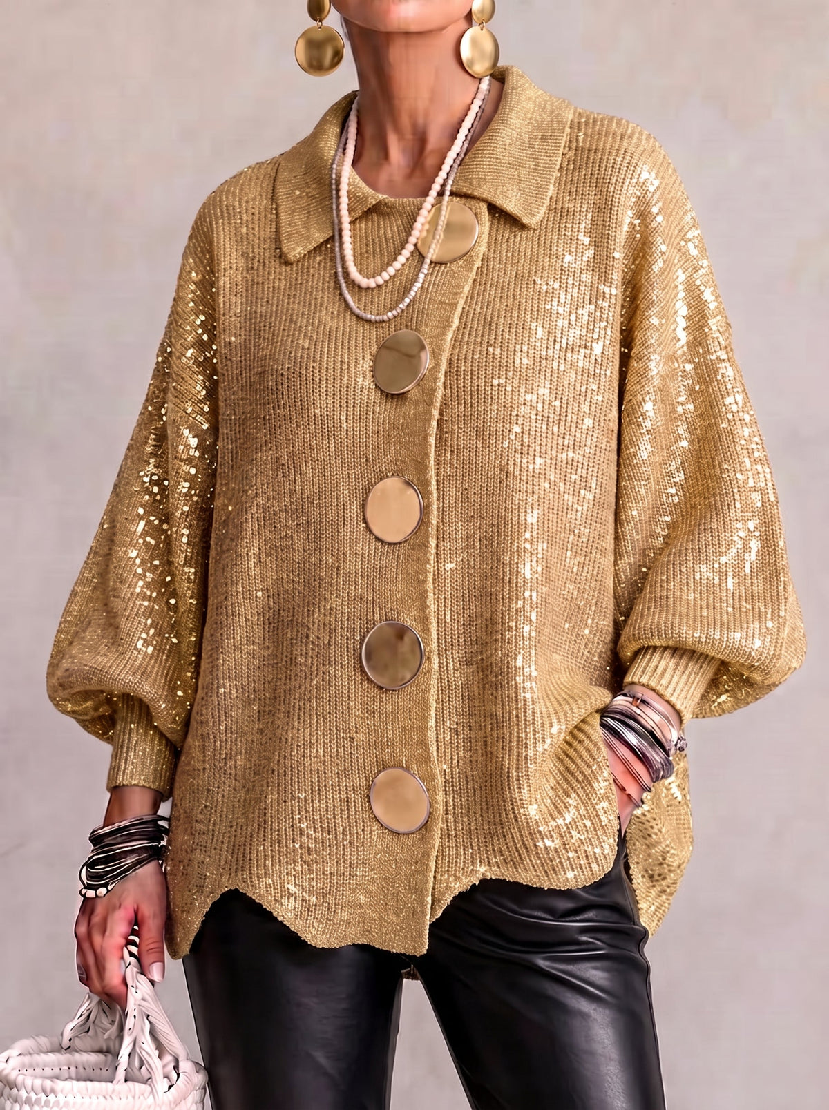 Kaelinae Oversized Cardigan Women — Heavyweight Knit Gold Buttons 5