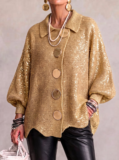 Kaelinae Oversized Cardigan Women — Heavyweight Knit Gold Buttons 5
