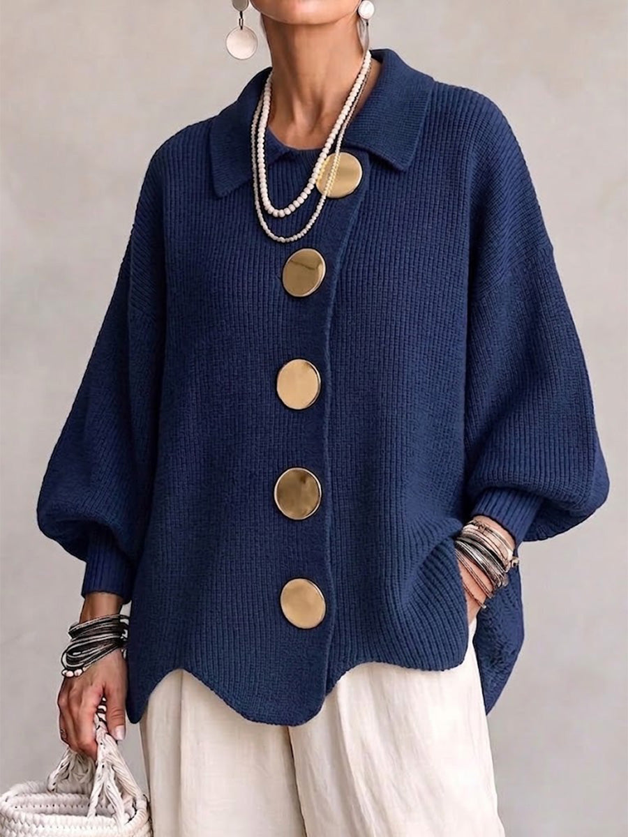 Kaelinae Oversized Cardigan Women — Heavyweight Knit Gold Buttons 1