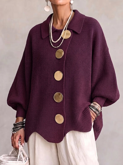 Kaelinae Oversized Cardigan Women — Heavyweight Knit Gold Buttons 3