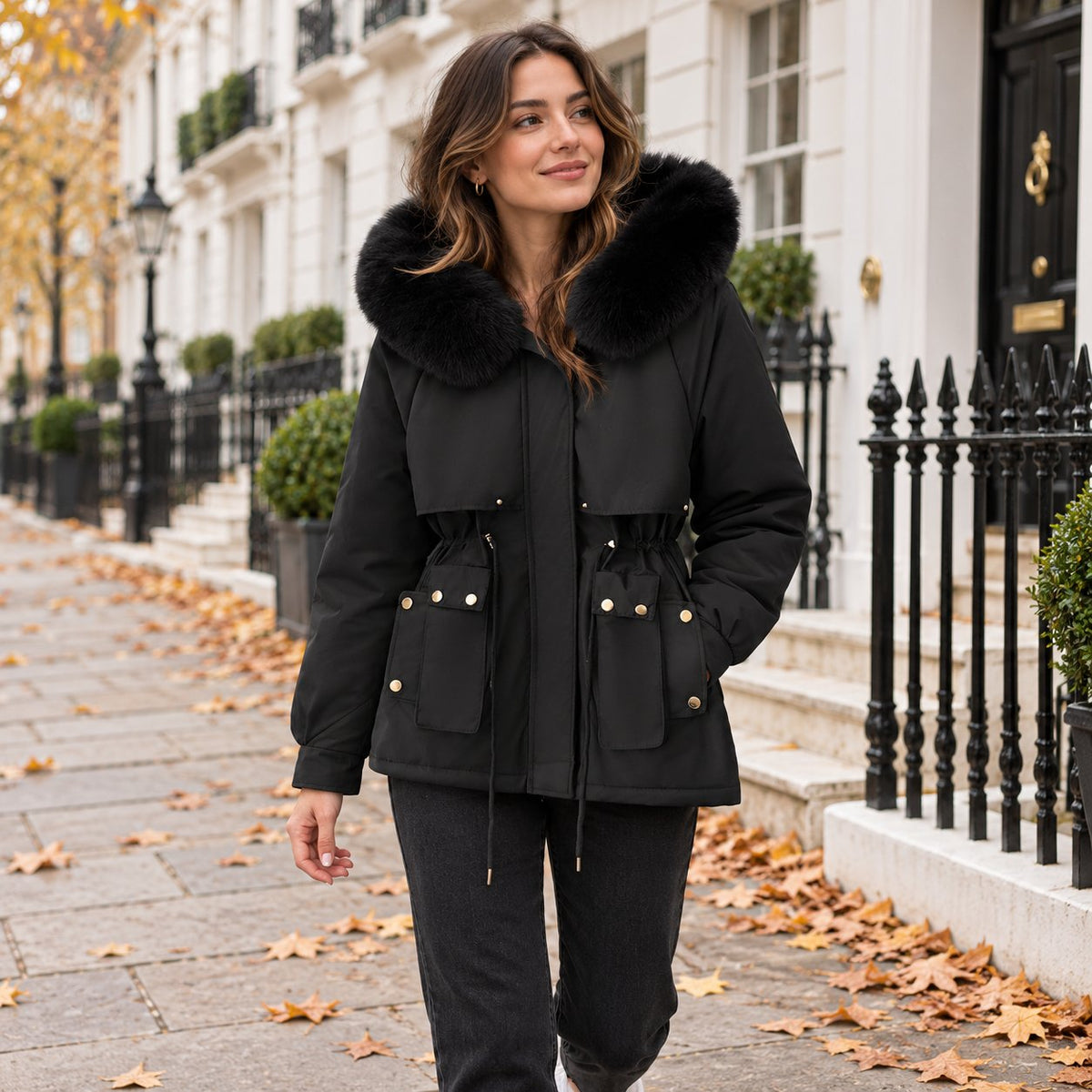 Kurze Damen Parka Jacke mit Kunstfell-Kapuze & Wattiertem Futter in Schwarz