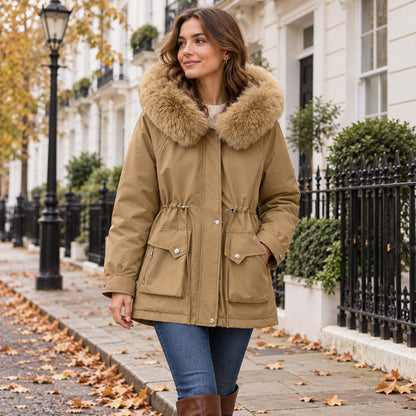 Damen Steppjacke Parka mit Kunstfellkapuze & taillierter Passform in Khaki