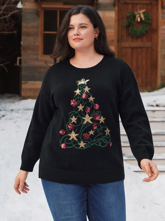 Weihnachtspullover Damen — Pailletten-Tannenbaum 1