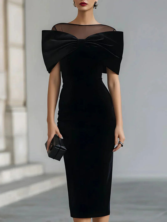 Elegant Velvet Midi Dress — Oversized Bow & Mesh Boat Neck 1