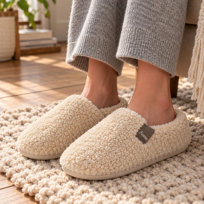 Plüsch Fleece Hausschuhe mit Rutschfester TPR-Sohle in Beige
