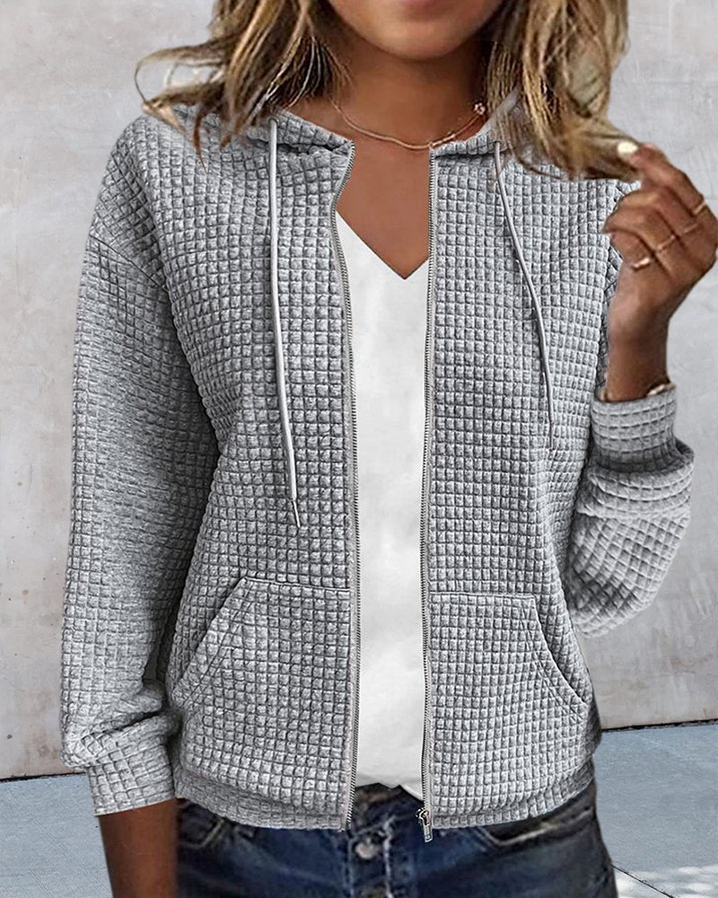 Women's Hooded Knit Zip-Up Jacket | Waffle Texture Cardigan 1