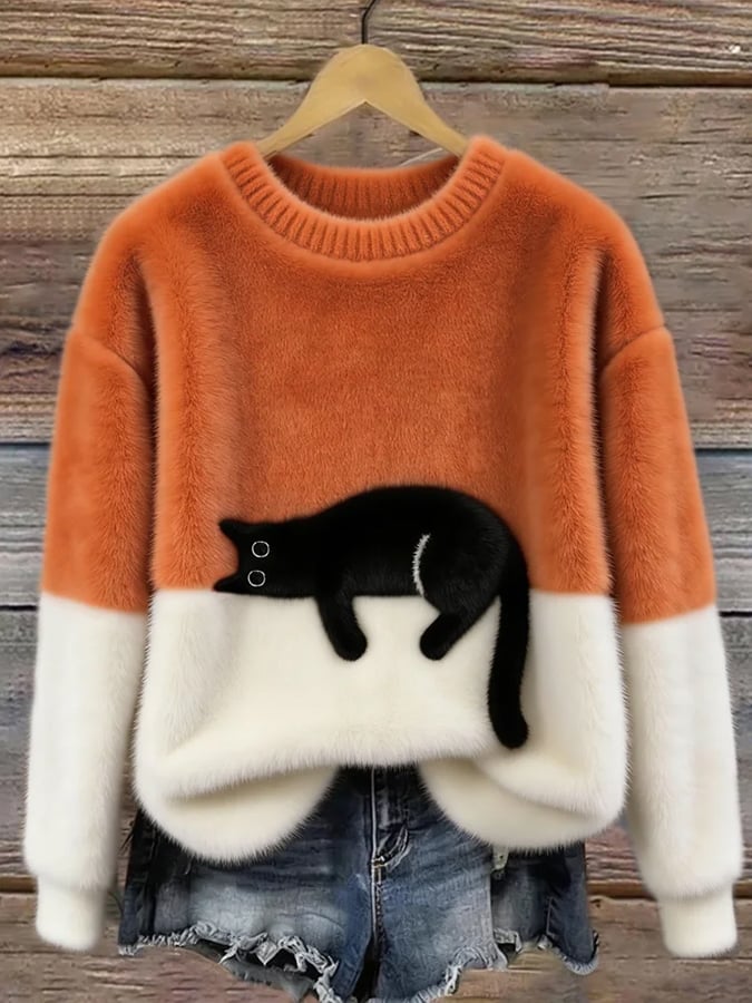 Damen Katzen-Print Pullover — Casual Relaxed Fit