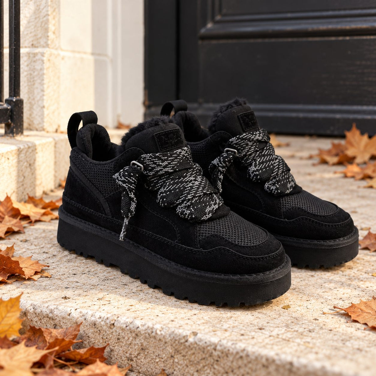 Schnürstiefel mit Plüschfutter in Schwarz