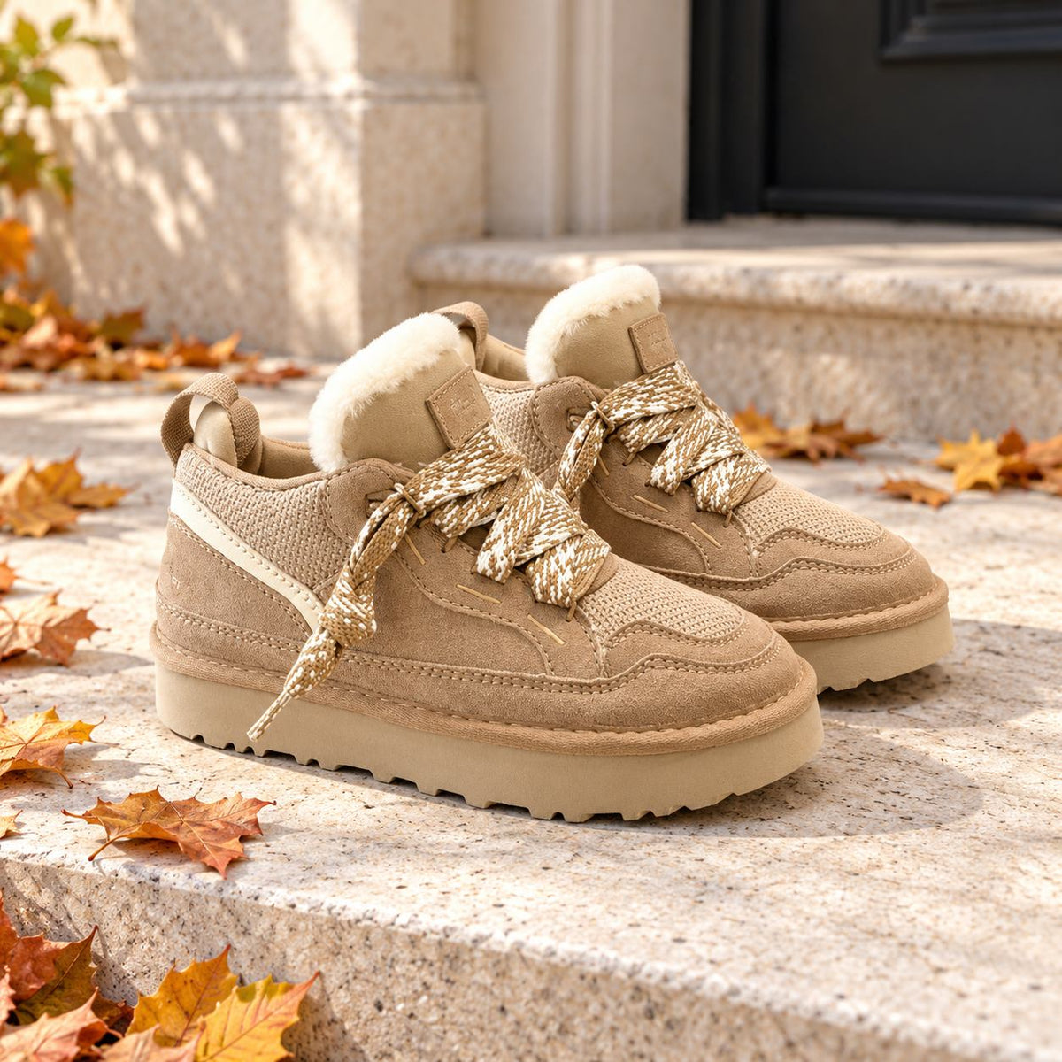 Schnürstiefel mit Plüschfutter in Sand