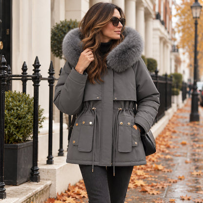 Kurze Damen Parka Jacke mit Kunstfell-Kapuze & Wattiertem Futter in Grau