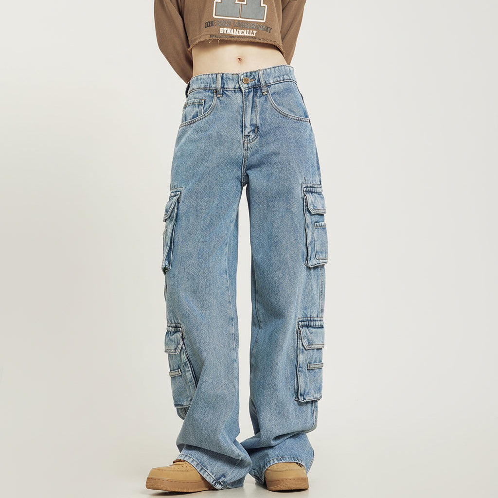 Women's Wide Leg Cargo Jeans — Relaxed Fit with Side Pockets 1