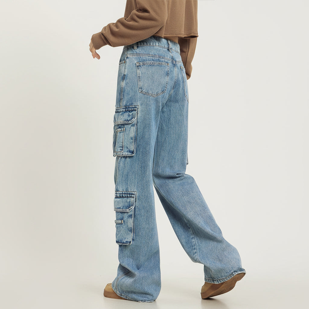 Women's Wide Leg Cargo Jeans — Relaxed Fit with Side Pockets 2
