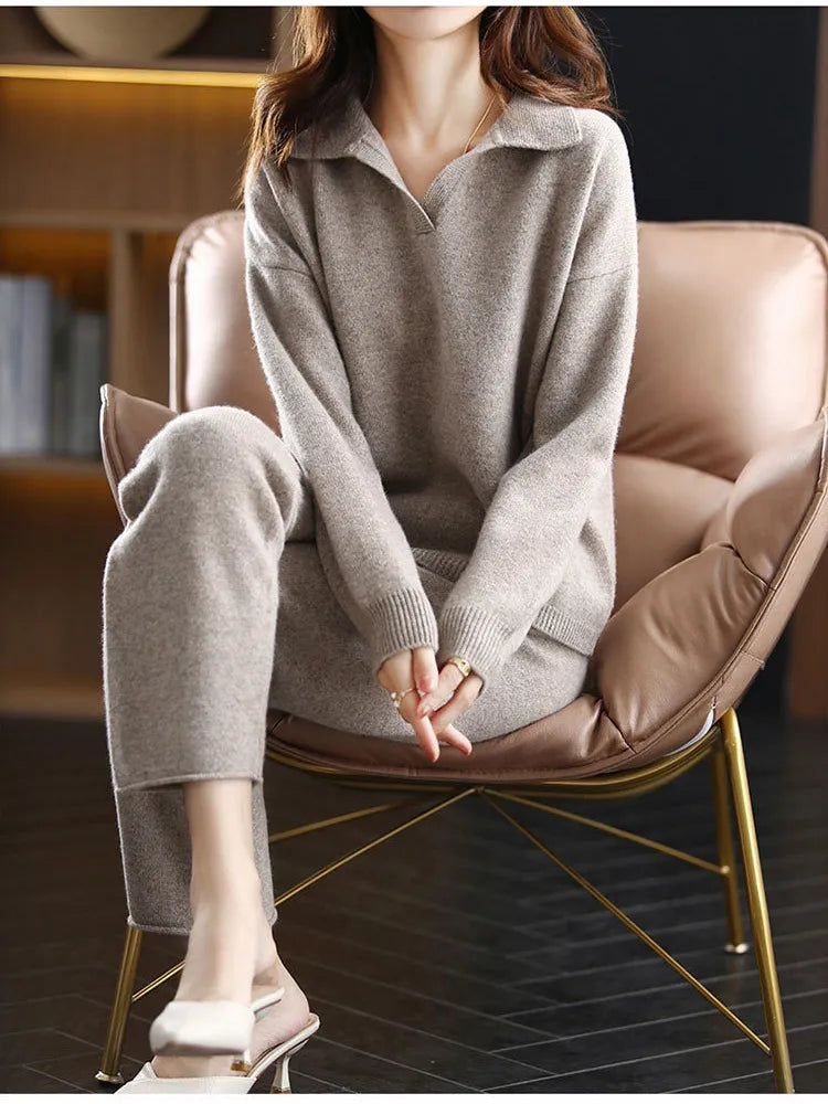 Strick Set Damen Oversized — Polokragen Pullover & Hose 2