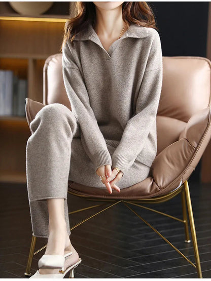 Strick Set Damen Oversized — Polokragen Pullover & Hose 2