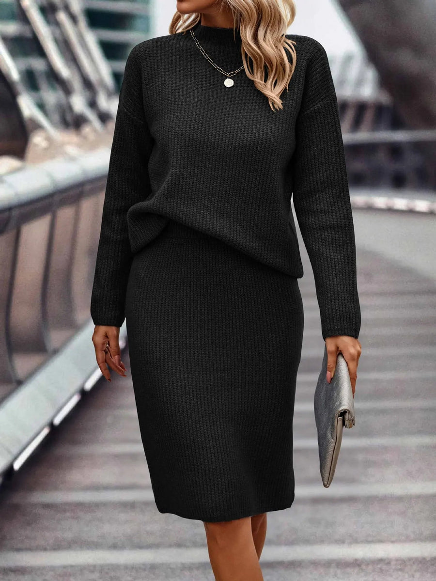 Strick Zweiteiler Damen — Set aus Pullover & Rock mit Stehkragen