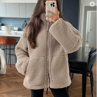 Teddy-Fleecejacke Damen Oversized — Stehkragen Winterjacke 3